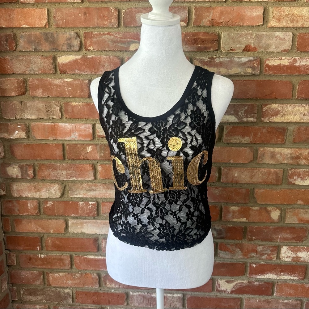 Blush Black Sequin Lace Crop Tank Top